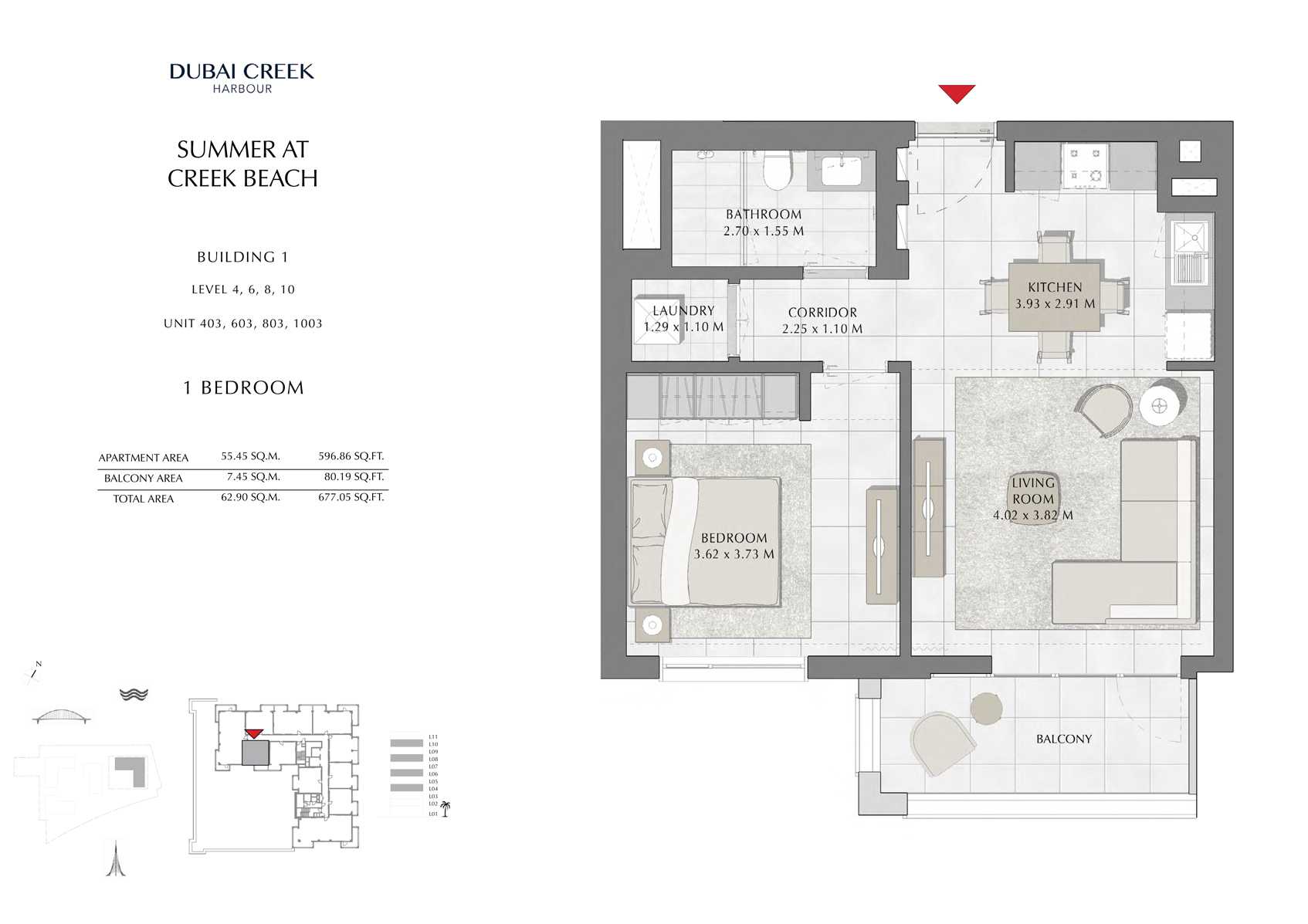 1 Br Building 1 Level-4-6-8-10 Unit 403-603-803-1003, Size 677 Sq Ft